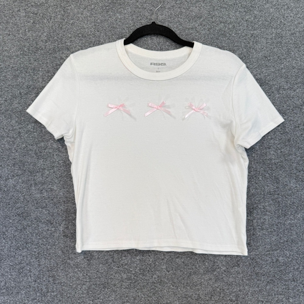 Womens Large Coquette Shirt White Pink Bows‎ Y2K Balletcore Short Sleeve Ribbons